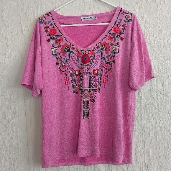 MISSLOOK Tops - Misslook XL Pink Western T-shirt, Floral Pink Top, Bohemian V Neck Blouse